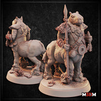 Capybara centaur warrior holding a tall rope-wrapped spear with a coin charm, broad-jawed head with small calm eyes, rope harness across the chest, bundled charms at each shoulder, standing on a base with crystal outcroppings. Sculpt by Mia Kay M3DM.