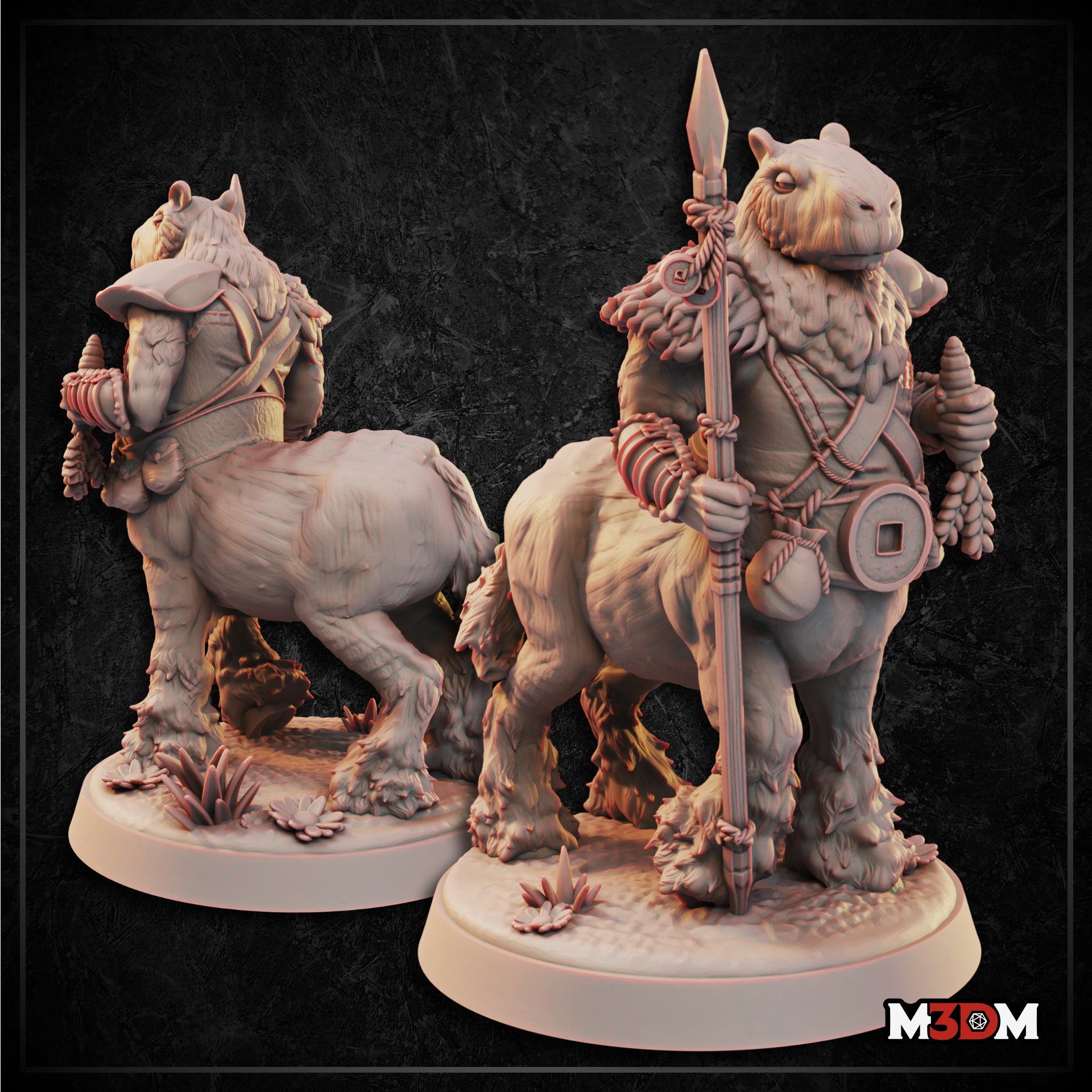 Capybara centaur warrior holding a tall rope-wrapped spear with a coin charm, broad-jawed head with small calm eyes, rope harness across the chest, bundled charms at each shoulder, standing on a base with crystal outcroppings. Sculpt by Mia Kay M3DM.