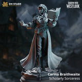 Rear view of Carina Braithwaite miniature by DM Stash — showing the cloak's split hem and embossed botanical scrollwork, curly hair detail, and the four-pointed star-medallion decorative base.