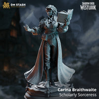 Rear view of Carina Braithwaite miniature by DM Stash — showing the cloak's split hem and embossed botanical scrollwork, curly hair detail, and the four-pointed star-medallion decorative base.