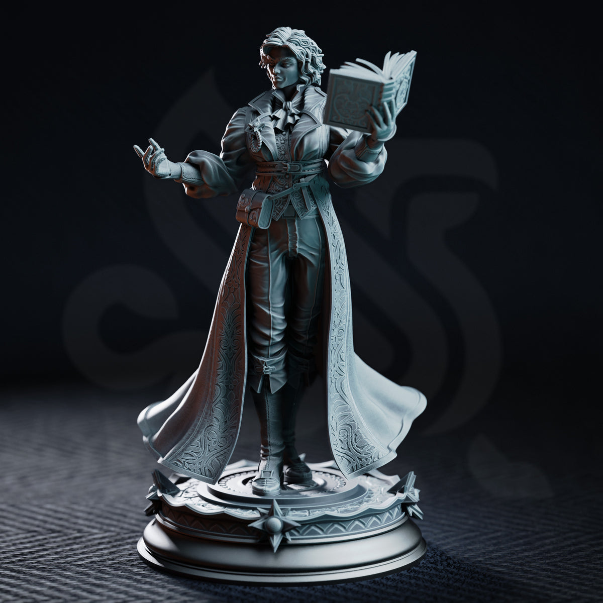 Carina Braithwaite sorceress miniature by DM Stash — one hand raised mid-cast, other hand holding an open tome, wearing a belted greatcoat and sweeping embossed cloak, on a detailed arcane base.