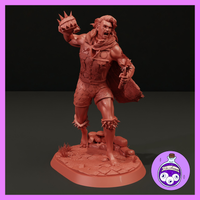 Unpainted salmon-pink resin display miniature of Dungeon Crawler Carl at 1:12 scale — a muscular long-haired man mid-battle-cry, right fist raised with a spiked knuckle weapon, left hand gripping a fur-hide satchel. He wears scale-patterned shorts, a haphazard chest armour piece, spiked ankle wraps, and a scarf. Sculpted by Ella's Arcanum Minis.
