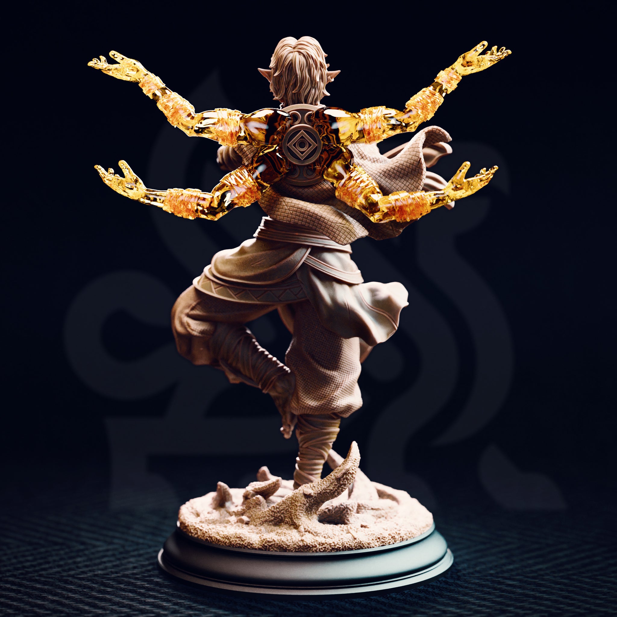 Rear view of the unpainted Caryian resin miniature showing the ornate eye-in-diamond back armour medallion, four golden astral flame arms spreading wide, billowing cape detail, and the sandy base with clawed emerging forms