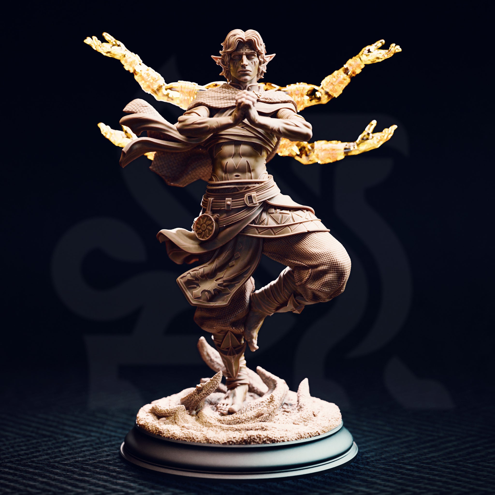 Front view of an unpainted 32mm resin miniature of Caryian the Monk of the Astral Sun, showing the crane-stance pose, flowing sash, scale-patterned trousers, and four spectral golden arms radiating outward, mounted on a detailed sandy textured base