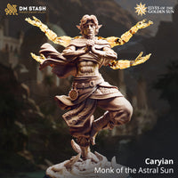 Digital render of Caryian, an elven monk miniature by DM Stash, posed in a one-legged crane stance with hands pressed together and six golden astral flame arms fanning outward, wearing scale-textured robes with a sunwheel belt medallion, on a sandy base with clawed forms emerging from the ground