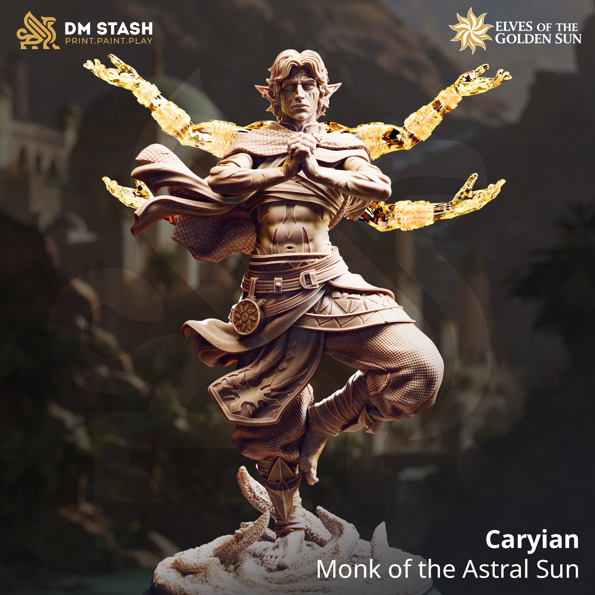 Digital render of Caryian, an elven monk miniature by DM Stash, posed in a one-legged crane stance with hands pressed together and six golden astral flame arms fanning outward, wearing scale-textured robes with a sunwheel belt medallion, on a sandy base with clawed forms emerging from the ground