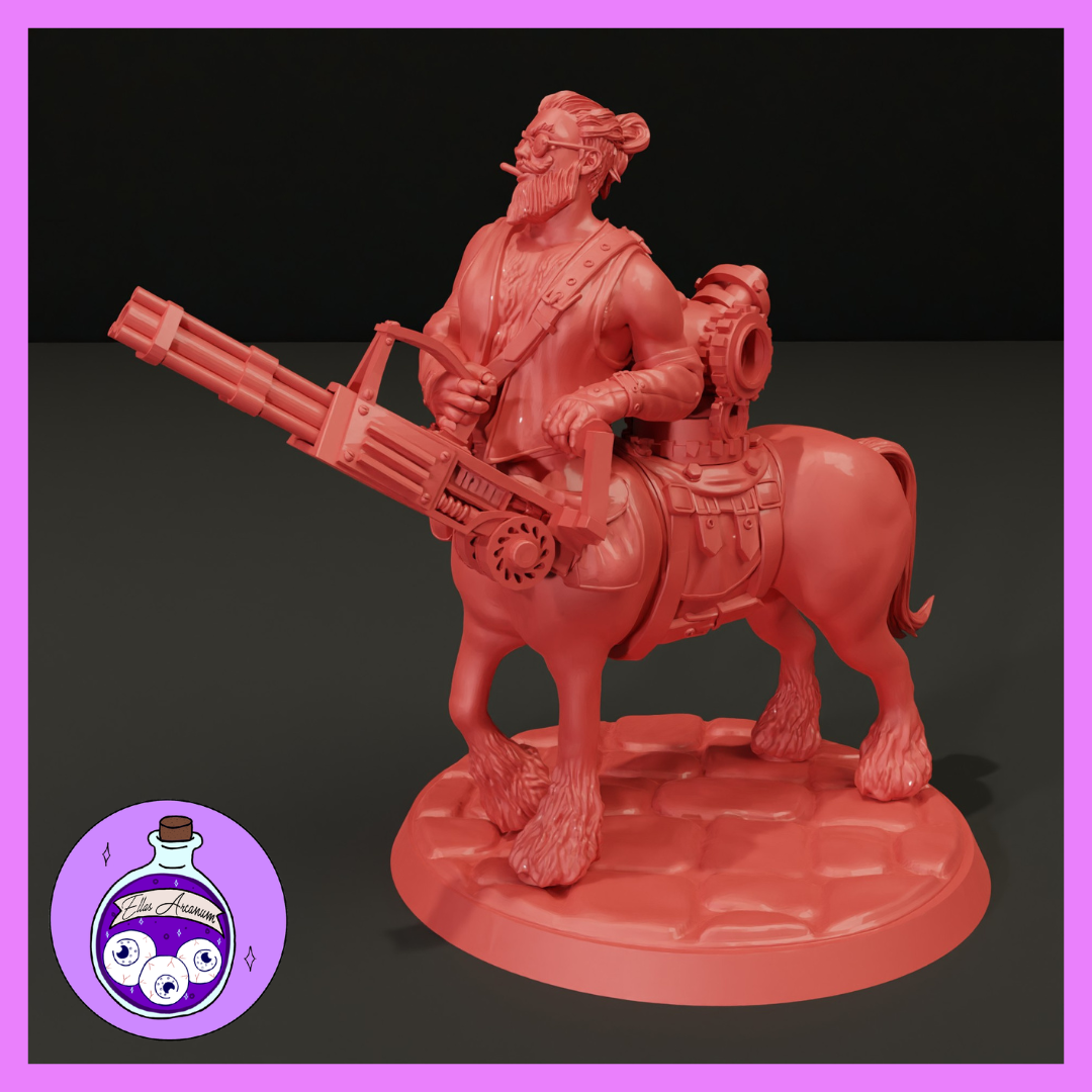 Unpainted salmon-red resin render of a male centaur miniature holding a large multi-barrel rotary cannon, wearing a leather vest with a cigar in his mouth and hair in a bun, fitted with a saddled harness on his equine half, mounted on a cobblestone-textured round base at 32mm scale