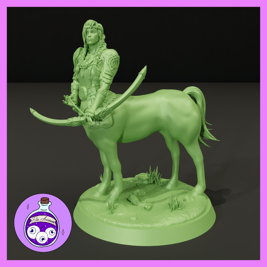Green resin 3D printed centaur ranger miniature — female humanoid upper body in knotwork-etched armour with long braided hair, holding a longbow at ready; equine lower body with flowing tail standing on a sculpted natural base with rocks and grass tufts. Digital render by Ella's Arcanum Minis.