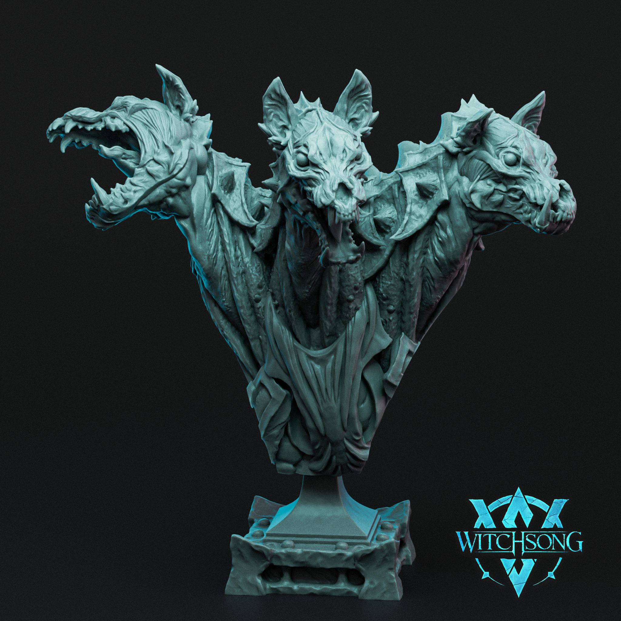 Digital render of an unpainted grey resin Cerberus bust by Witchsong Miniatures, showing three distinct monstrous heads — a hollow-eyed skull-faced centre head and two snarling flanking heads — rising from a mass of sinew and stretched membrane, mounted on a detailed stone architectural plinth, against a dark background