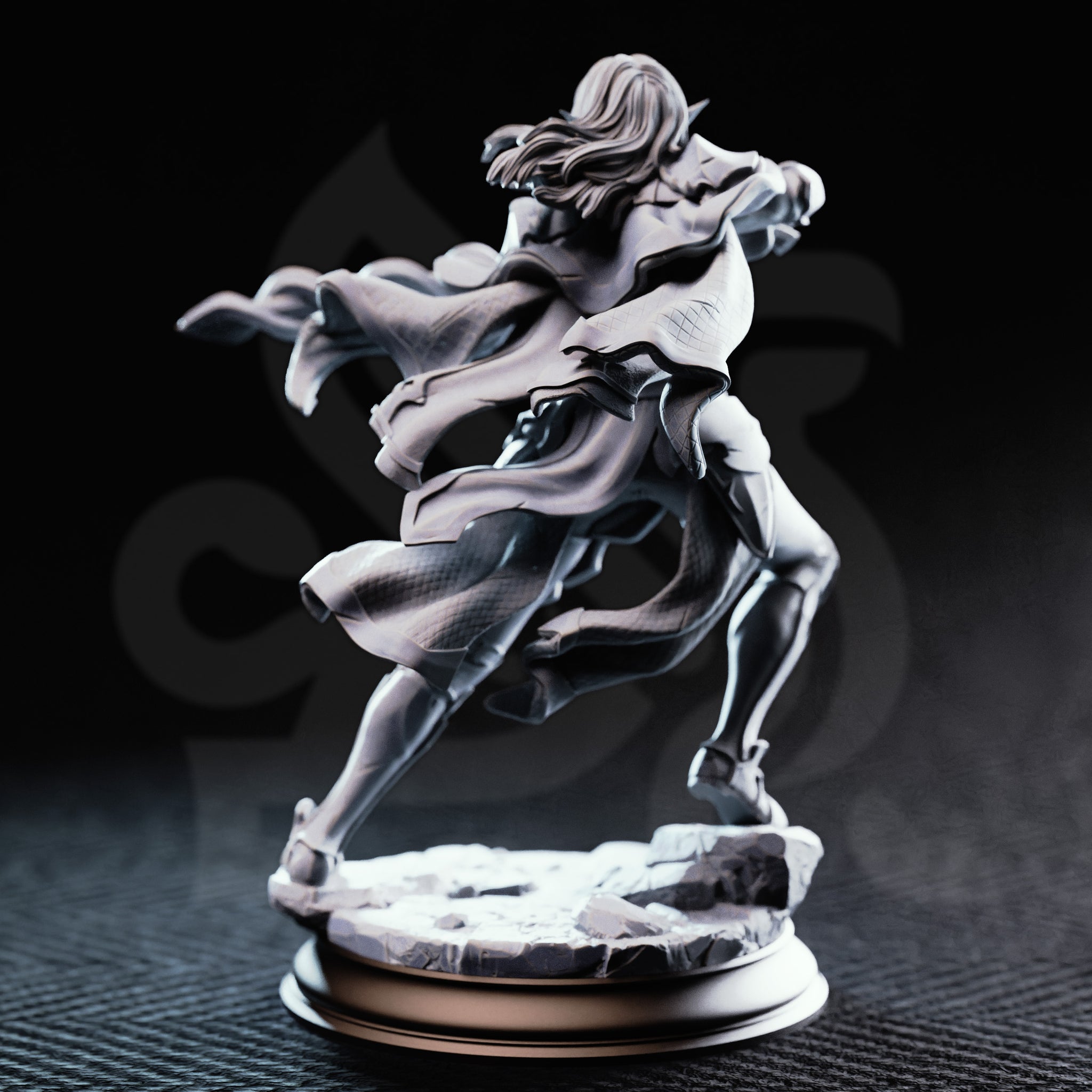 Rear three-quarter view of unpainted grey resin Cerindelia of House Verani miniature, showing the flowing coat detail, textured fabric panels, back armour plating, streaming hair, and shattered stone base