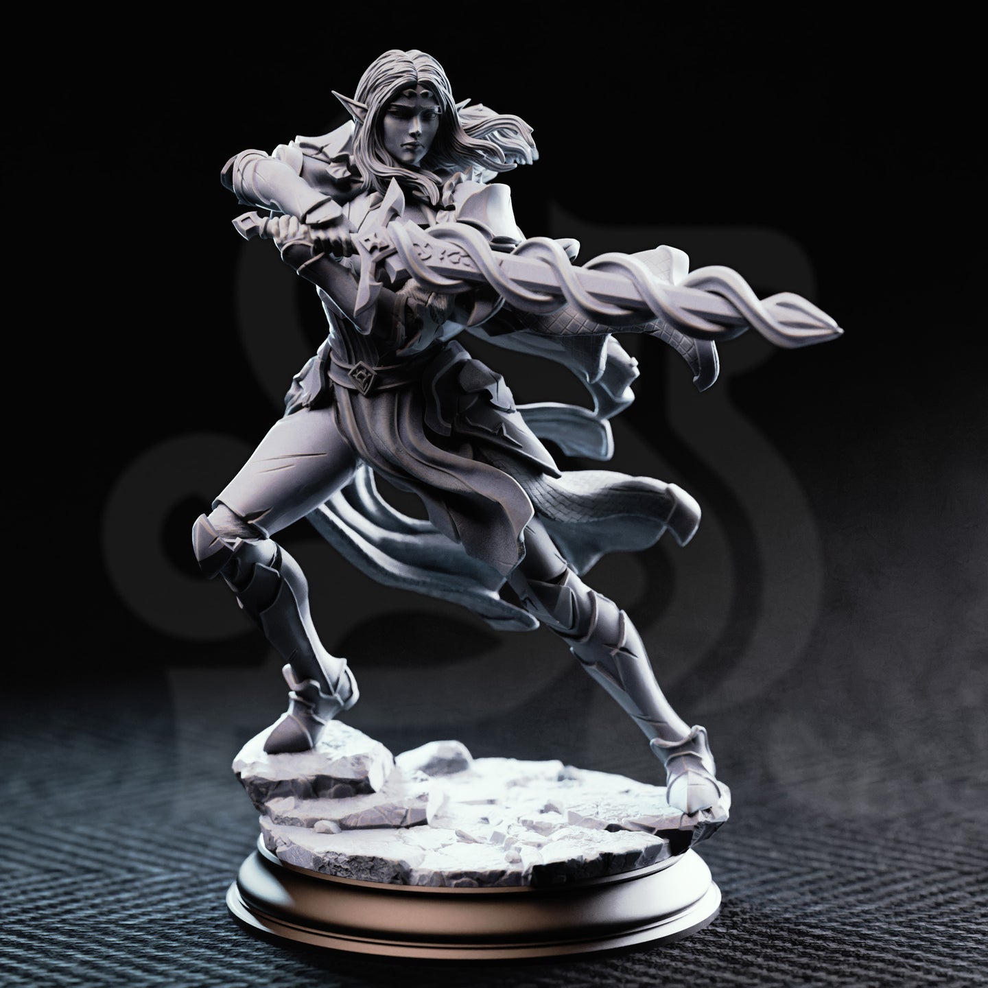 Front view of unpainted grey resin Cerindelia of House Verani miniature at 32mm scale, showing dynamic forward-lunge pose, extended runic longsword, layered elven armour, billowing coat, and detailed shattered rubble base