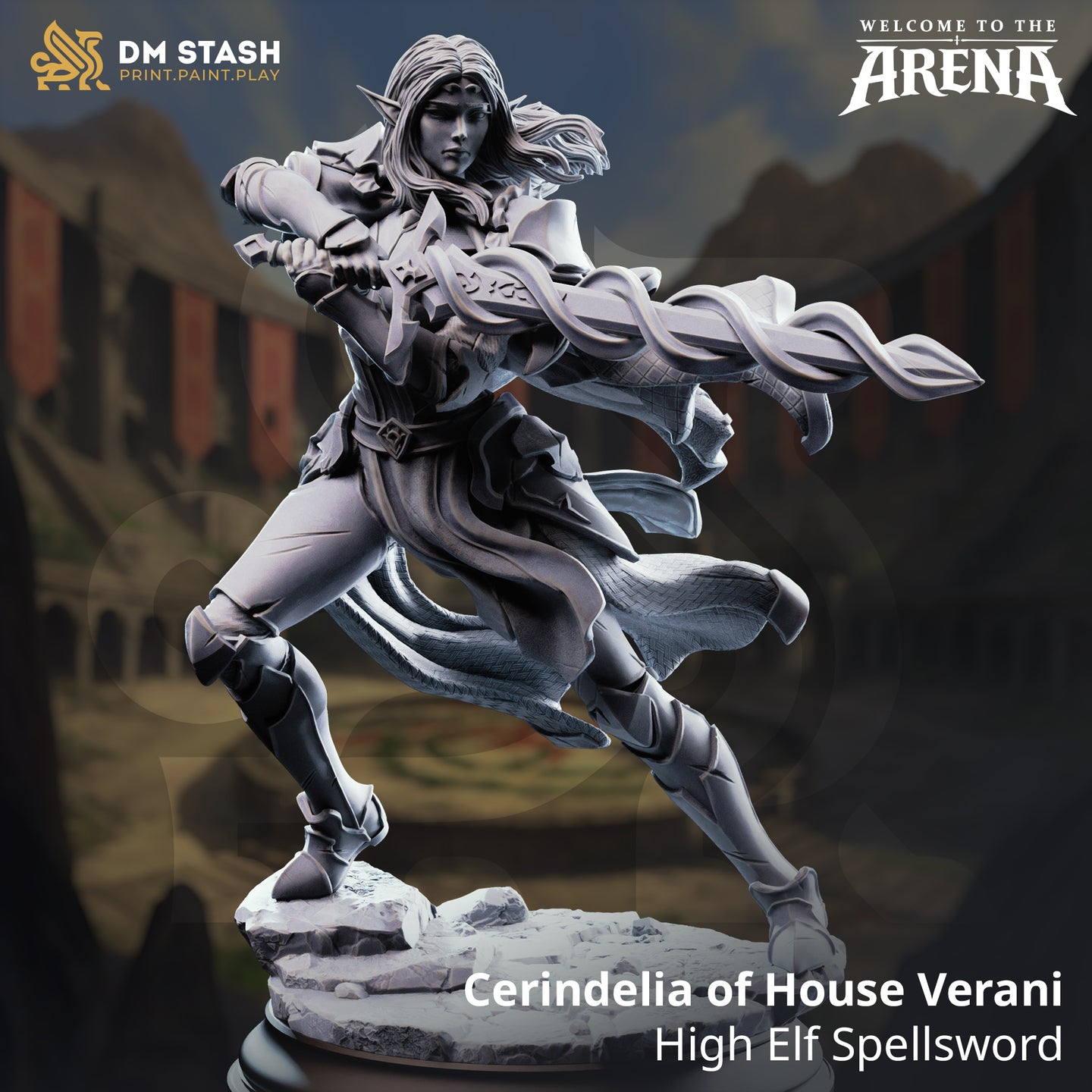 Promotional render of Cerindelia of House Verani High Elf Spellsword miniature from DM Stash's Welcome to the Arena collection, showing her mid-lunge pose with rune-etched blade extended, flowing coat, elven shoulder armour, and shattered stone base — unpainted grey resin