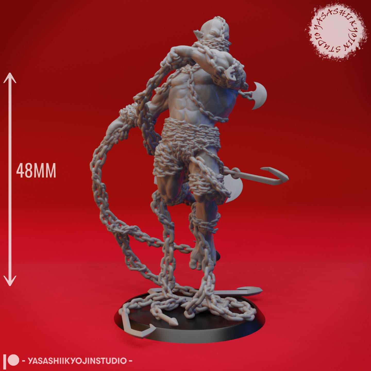 Side-on grey resin render of the Chain Devil miniature with a 48mm scale indicator shown — chains coil tightly around the torso and trail to the base, with hooks and anchor details visible at ground level