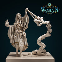 Changeling Cleric Rin by DnD Is A Woman — robed female figure raising a chain censer overhead, wispy flame in her other hand, with a sculpted spiralling smoke column rising beside her.