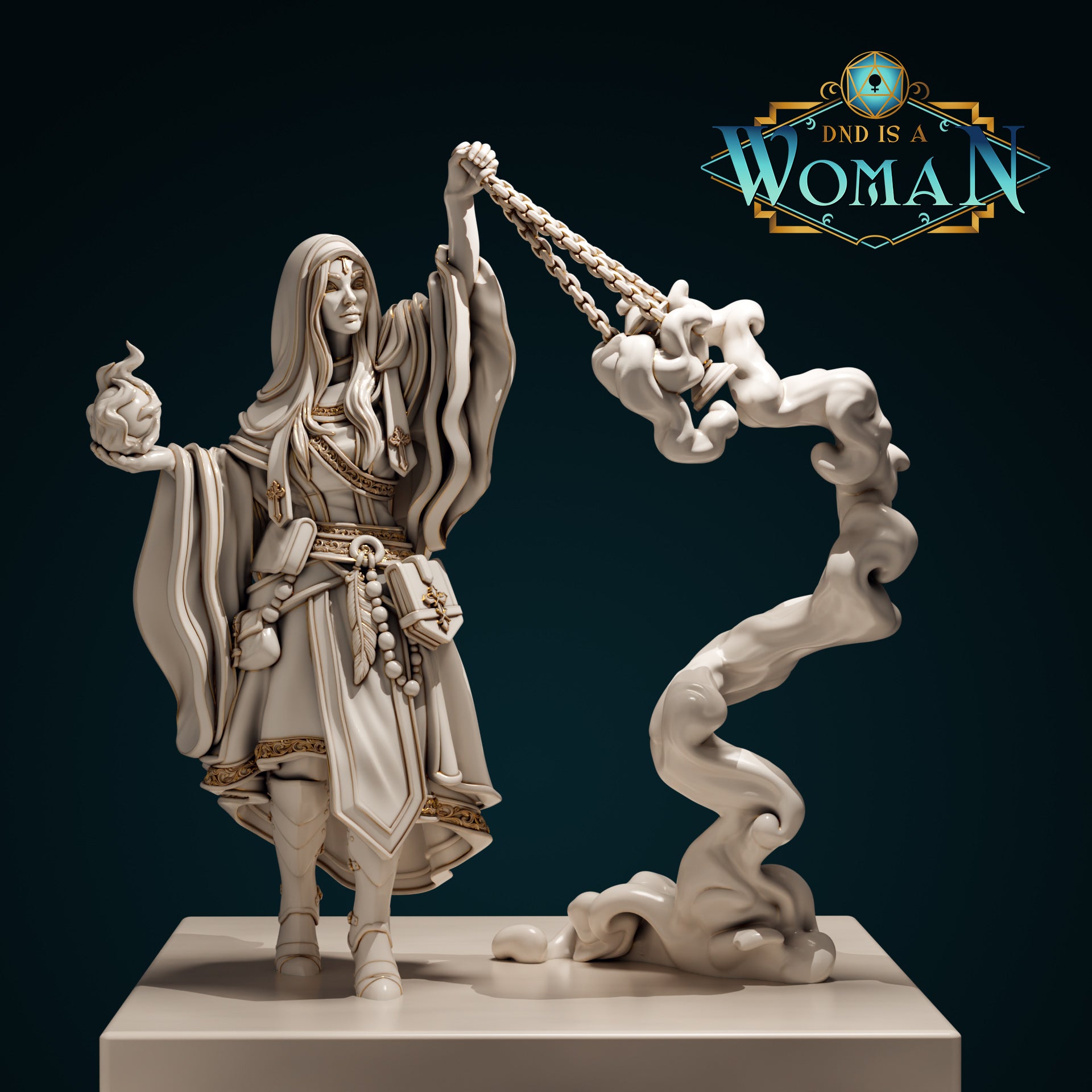 Changeling Cleric Rin by DnD Is A Woman — robed female figure raising a chain censer overhead, wispy flame in her other hand, with a sculpted spiralling smoke column rising beside her.
