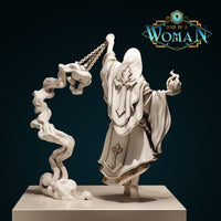 Rear view of Changeling Cleric Rin — cross-emblazoned tabard visible on her back, chain censer raised aloft, flowing robes with ornate golden hem, sculpted smoke column curling to the left.