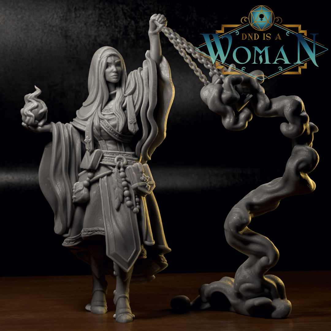 Grey resin print of Changeling Cleric Rin — long-haired cloaked figure with prayer beads at the belt, kindling sacred flame in one hand and swinging a heavy chain censer in the other, smoke column beside her.