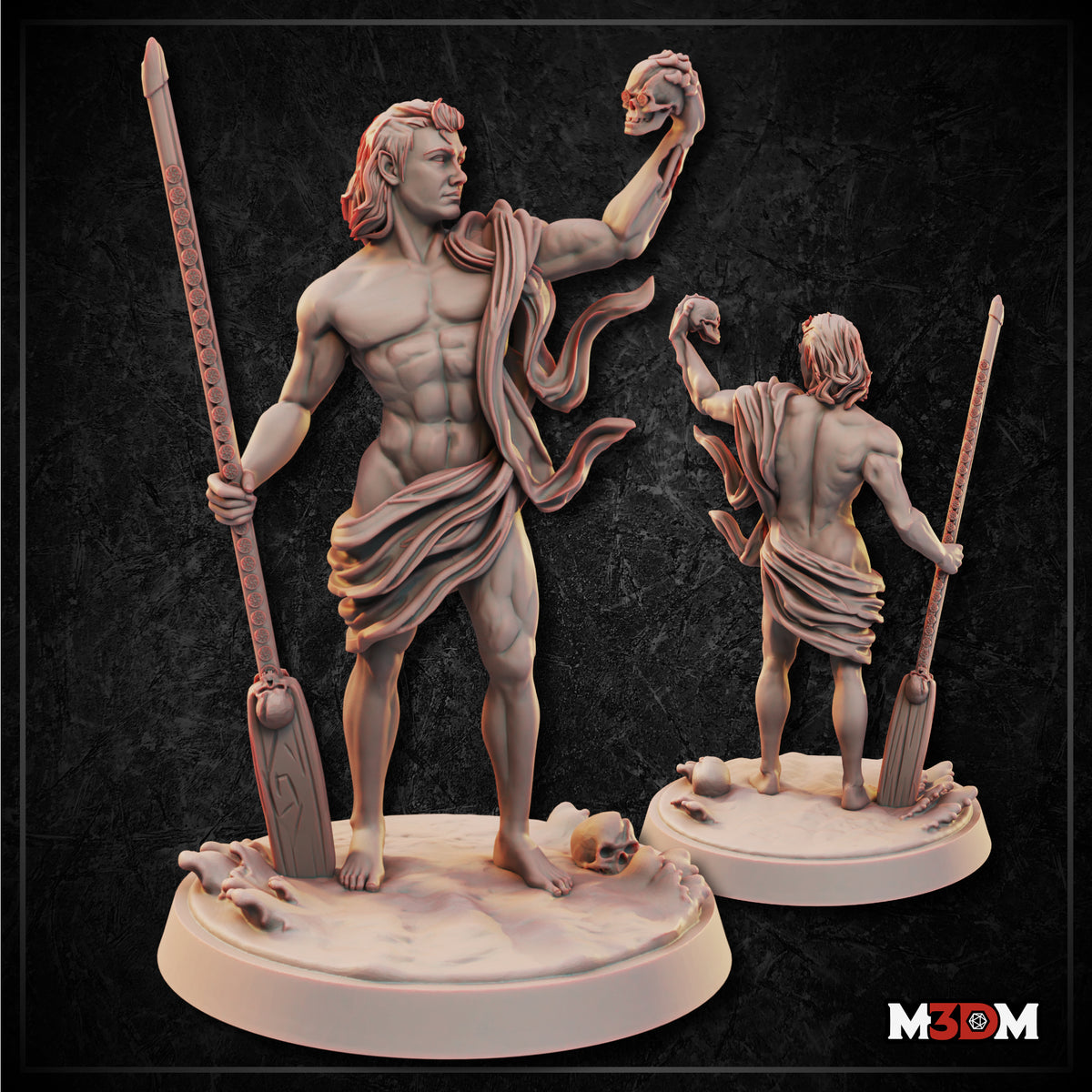 Bare-chested male figure holding a skull aloft in one raised hand and gripping a tall carved pole in the other, draped in flowing cloth, standing on a base scattered with bones and skulls. Sculpt by Mia Kay M3DM.