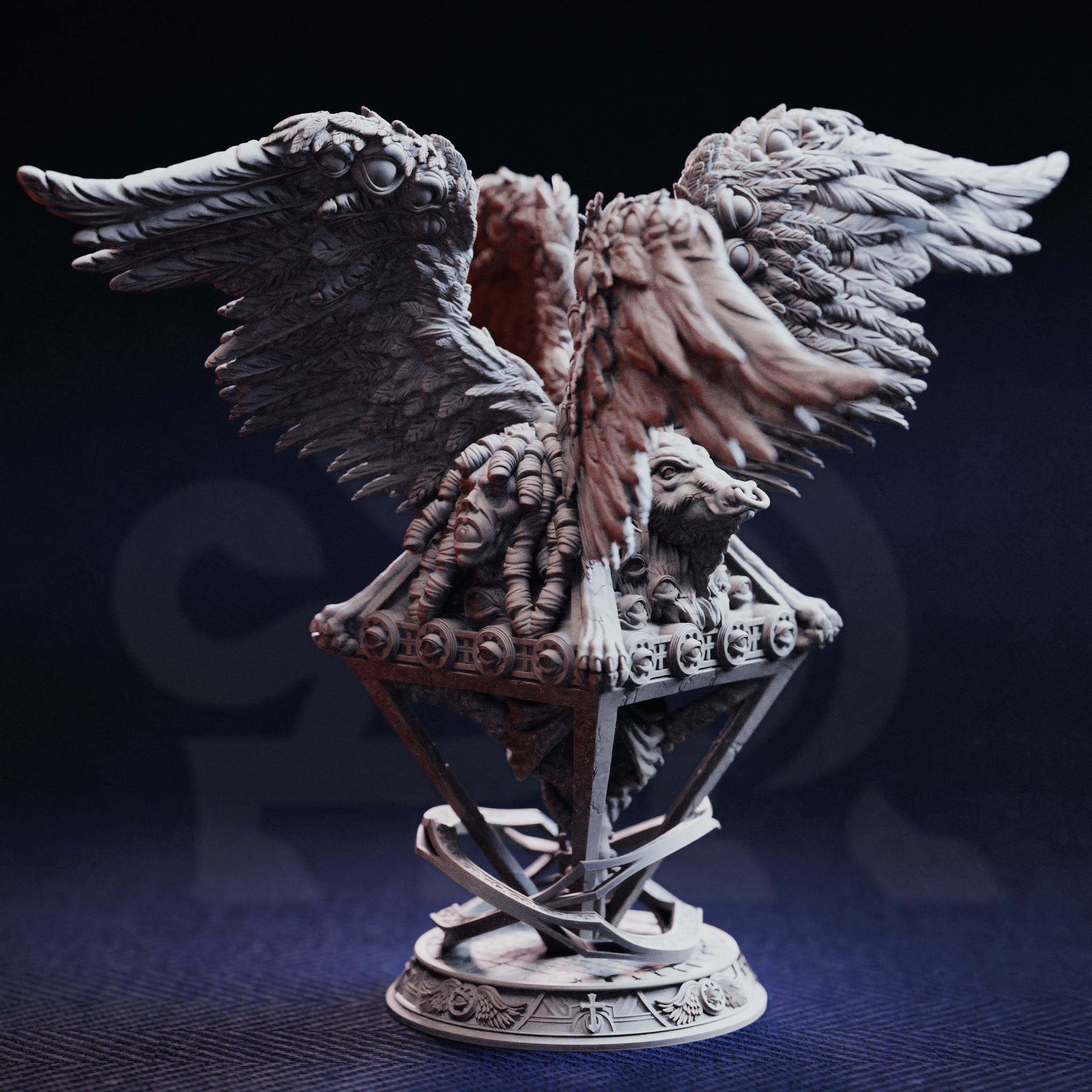 Unpainted grey resin miniature of the Cherubim Gatekeeper of Syelden, photographed from the rear, showing the human and ox faces, layered wing detailing, engraved metalwork on the diamond-shaped framework, and the decorated circular base