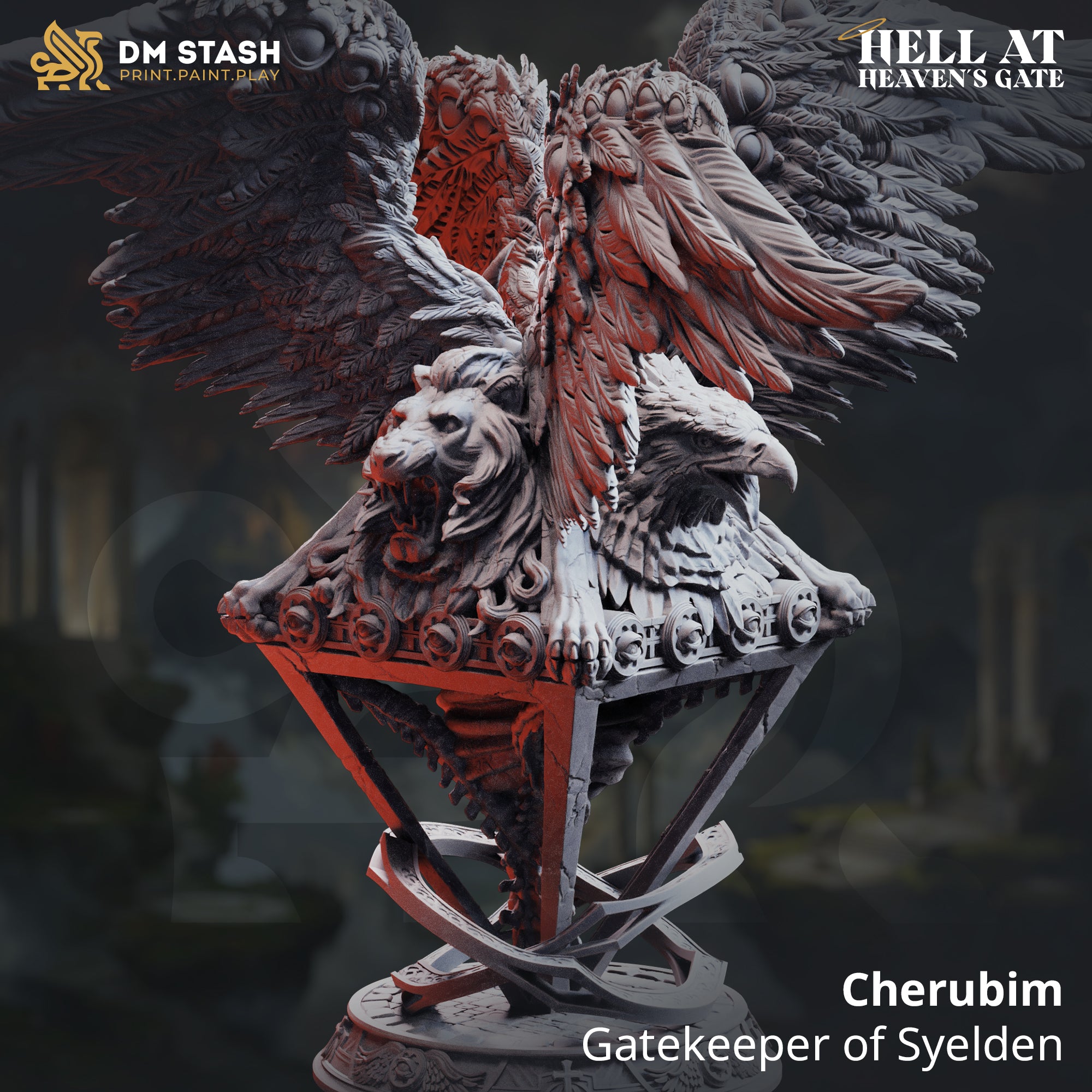 Digital render of the Cherubim Gatekeeper of Syelden miniature showing four faces — lion, eagle, and two others — mounted on an ornate geometric framework with vast feathered wings spread wide, bathed in red and grey tones