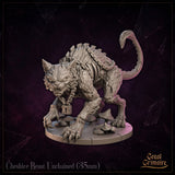 Cheshire Beast Unchained resin miniature by Great Grimoire, crouching low with jaws wide open, broken chain and padlock at its chest, claws splayed on a cracked stone and mushroom base.