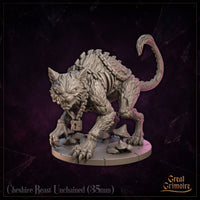 Cheshire Beast Unchained resin miniature by Great Grimoire, crouching low with jaws wide open, broken chain and padlock at its chest, claws splayed on a cracked stone and mushroom base.