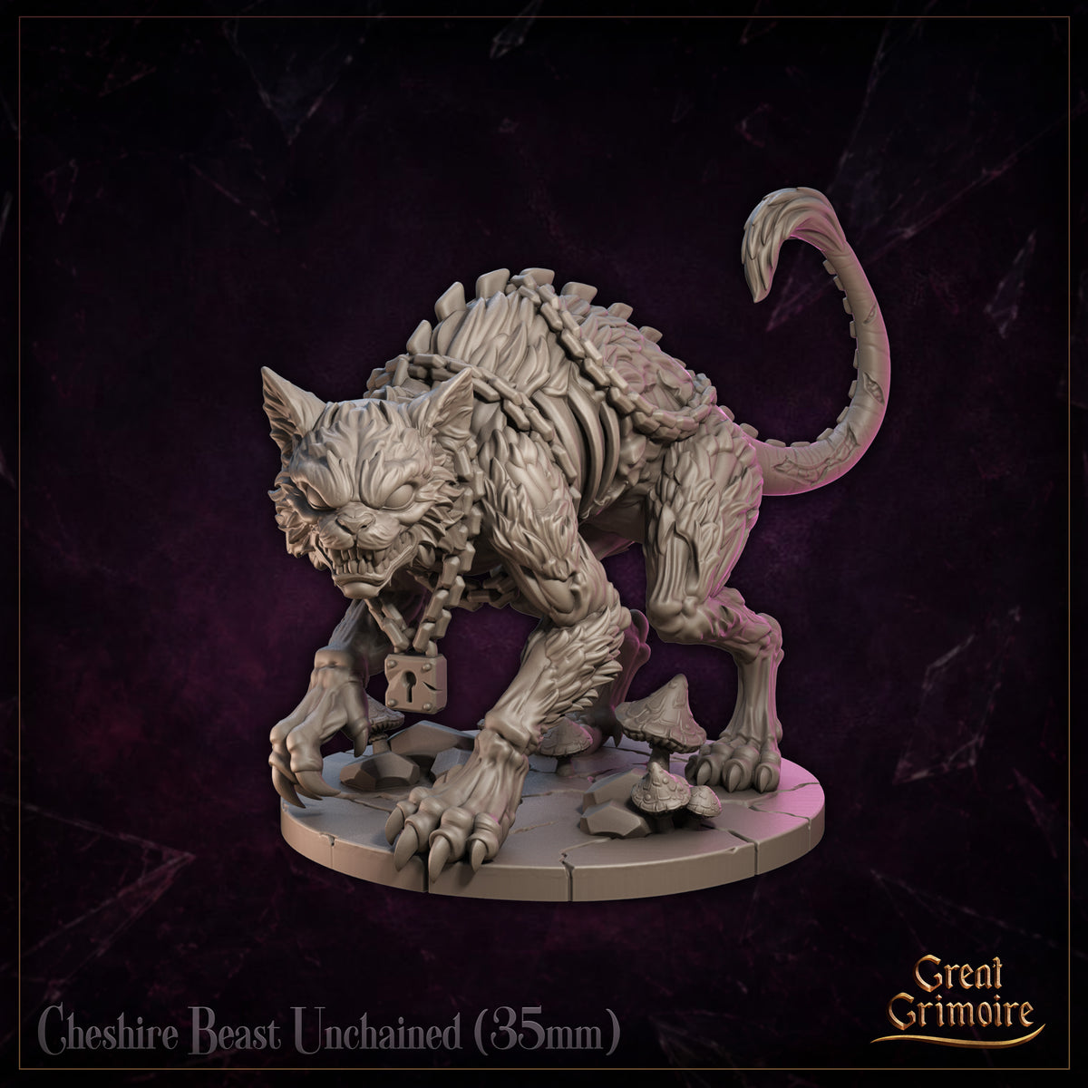 Cheshire Beast Unchained resin miniature by Great Grimoire, crouching low with jaws wide open, broken chain and padlock at its chest, claws splayed on a cracked stone and mushroom base.