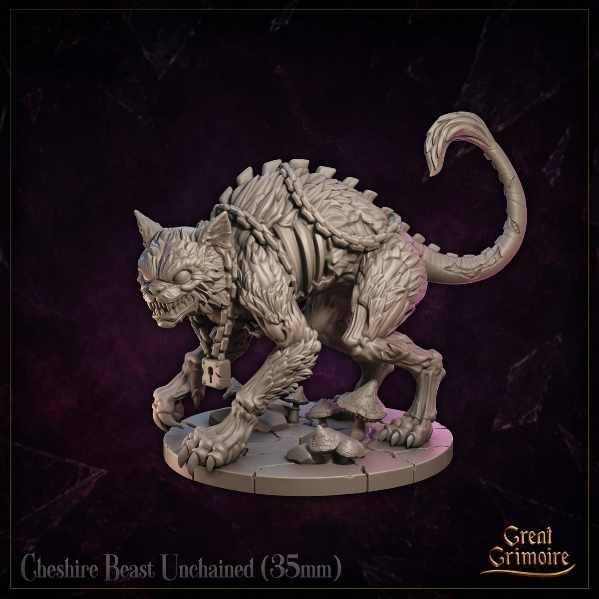 Cheshire Beast Unchained by Great Grimoire viewed from behind, showing bone ridges along the spine, serpentine scaled tail raised, powerful haunches over a cracked flagstone base with toadstools.