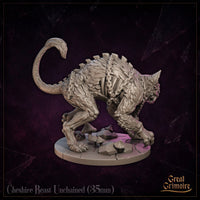 Cheshire Beast Unchained by Great Grimoire in a forward-leaning stalk pose, ribcage musculature visible, milky eyes and snarling jaw prominent, claws gripping a cracked stone base ringed with small mushrooms.