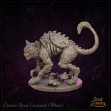 Cheshire Beast Unchained by Great Grimoire, three-quarter view showing layered fur and scale texture across the body, broken chain hanging from the neck, mushroom scatter on a cracked base beneath.