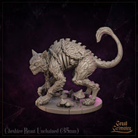 Cheshire Beast Unchained by Great Grimoire, three-quarter view showing layered fur and scale texture across the body, broken chain hanging from the neck, mushroom scatter on a cracked base beneath.