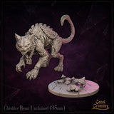Close detail view of the Cheshire Beast Unchained by Great Grimoire highlighting the snarling face, exposed teeth, swept-back ears, and the padlock swinging from the remnants of a broken chain.