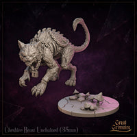 Close detail view of the Cheshire Beast Unchained by Great Grimoire highlighting the snarling face, exposed teeth, swept-back ears, and the padlock swinging from the remnants of a broken chain.