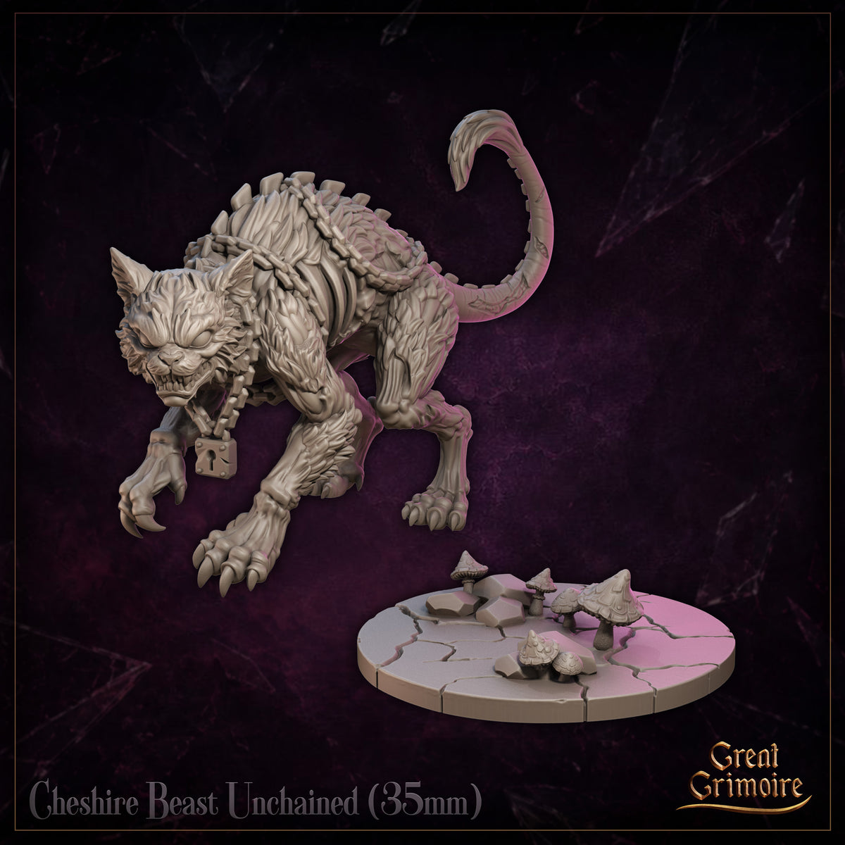 Close detail view of the Cheshire Beast Unchained by Great Grimoire highlighting the snarling face, exposed teeth, swept-back ears, and the padlock swinging from the remnants of a broken chain.