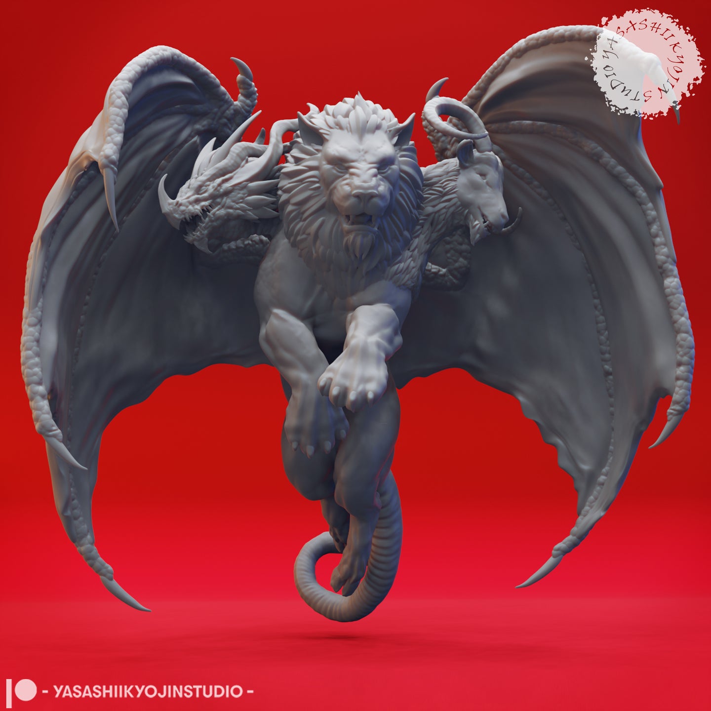 Digital render of an unpainted grey resin Chimera 02 miniature seen from the front, with wings fully spread, lion head snarling at centre, dragon head to the left, horned goat head to the right, claws outstretched and a coiled tail curling beneath the body