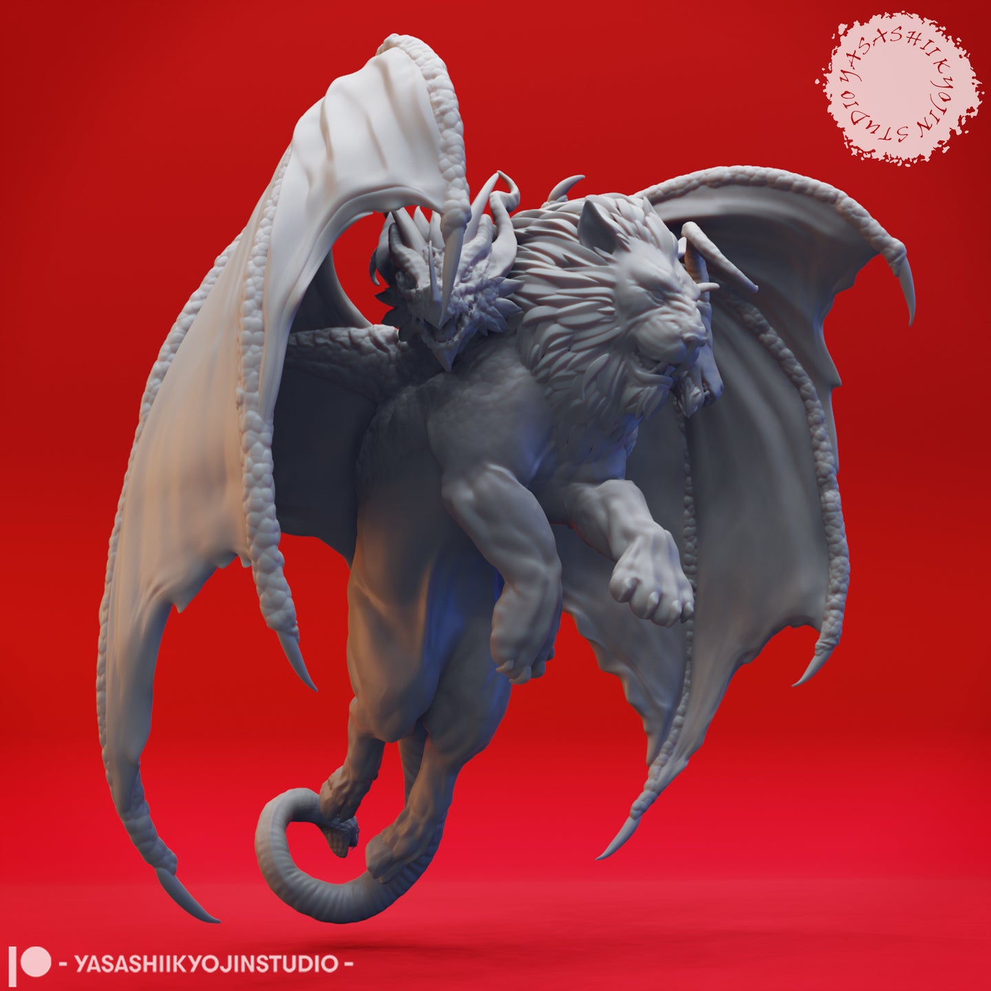 Digital render of the Chimera 02 miniature from a three-quarter rear angle, showing the dragon head with jaws wide open, the spread bat wings with detailed membrane veining, and the muscular lion body mid-lunge