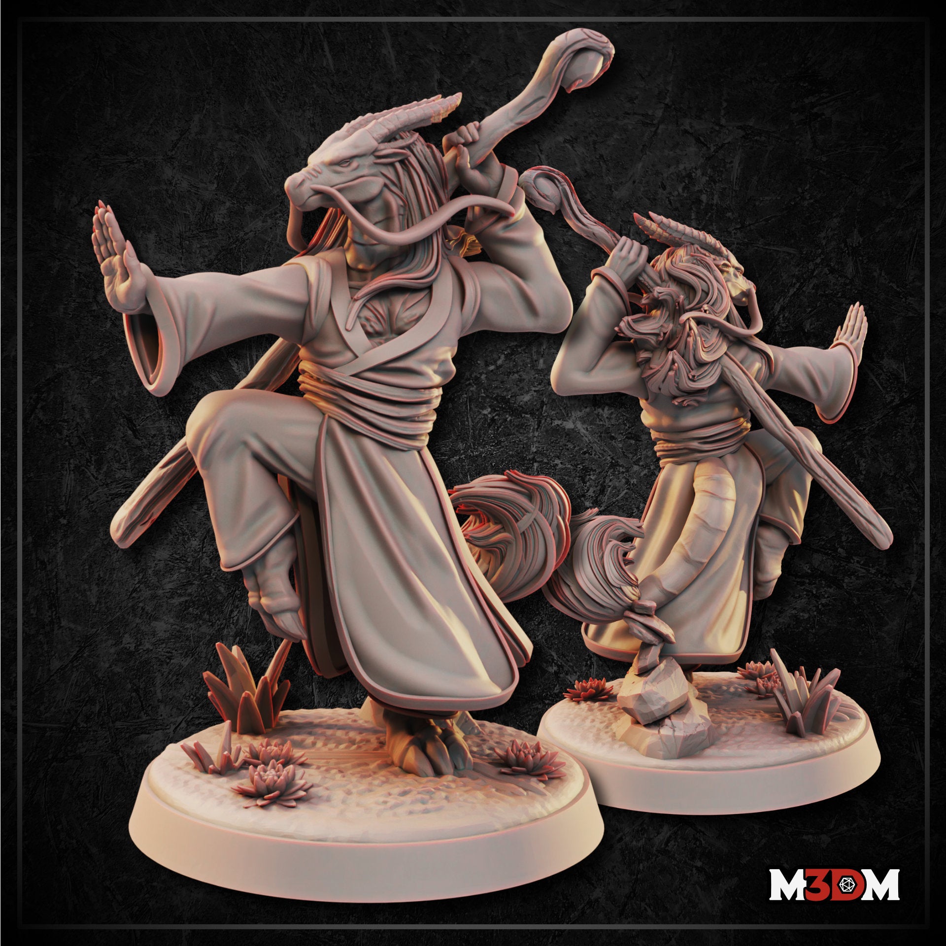 Two unpainted grey resin dragonborn monk miniatures shown side by side — the larger foreground figure strikes a raised-knee martial arts stance with staff swung overhead and one hand extended in a warding gesture, wearing layered flowing robes with a rope belt; the smaller background figure mirrors a similar pose from a different angle, both on detailed round bases with desert plants and broken stone