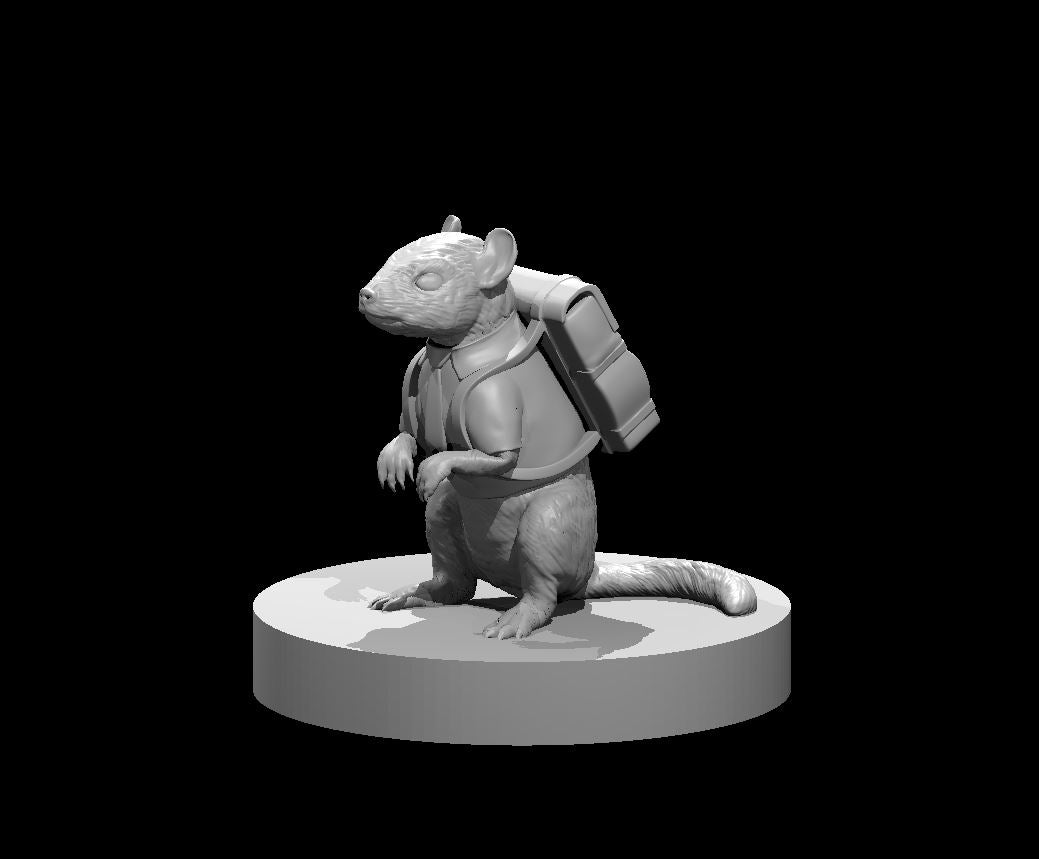 Bipedal chipmunk figure standing upright in a tunic, wearing a large rectangular pack strapped across its back, gazing upward. Sculpt by MZ4250.