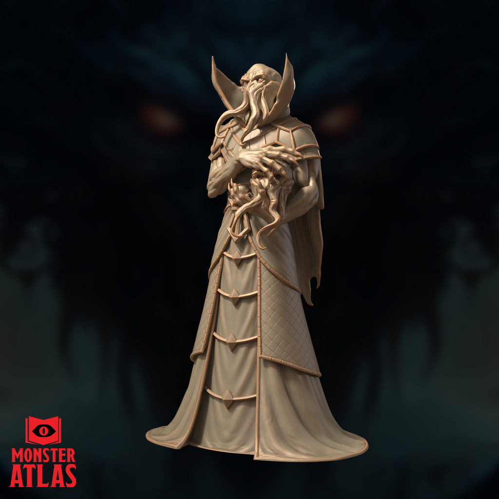 Illiquid Clairvoyant Chishinix by Monster Atlas — three-quarter rear angle showing the swept-back horn protrusions, articulated shoulder armour panels, and layered quilted robes; taloned hands grip the tentacled skull-orb, facial tentacles visible curling forward beneath the horns.