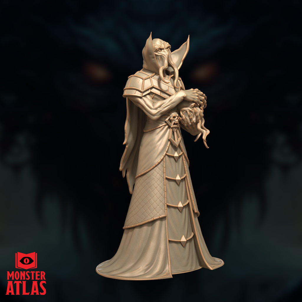 Illiquid Clairvoyant Chishinix by Monster Atlas — side-on view emphasising the sweeping robes trailing to one side; the figure holds the skull-orb low in both hands, cephalopod tentacles hanging forward, skull motif visible on the robe front, armoured shoulder pauldrons clearly detailed.