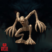 Choker miniature by Monster Atlas: wide-stance crouch with both long arms arched outward and upward, clawed hands spread, mouth agape, veined torso and webbed feet on separate scenic bases.