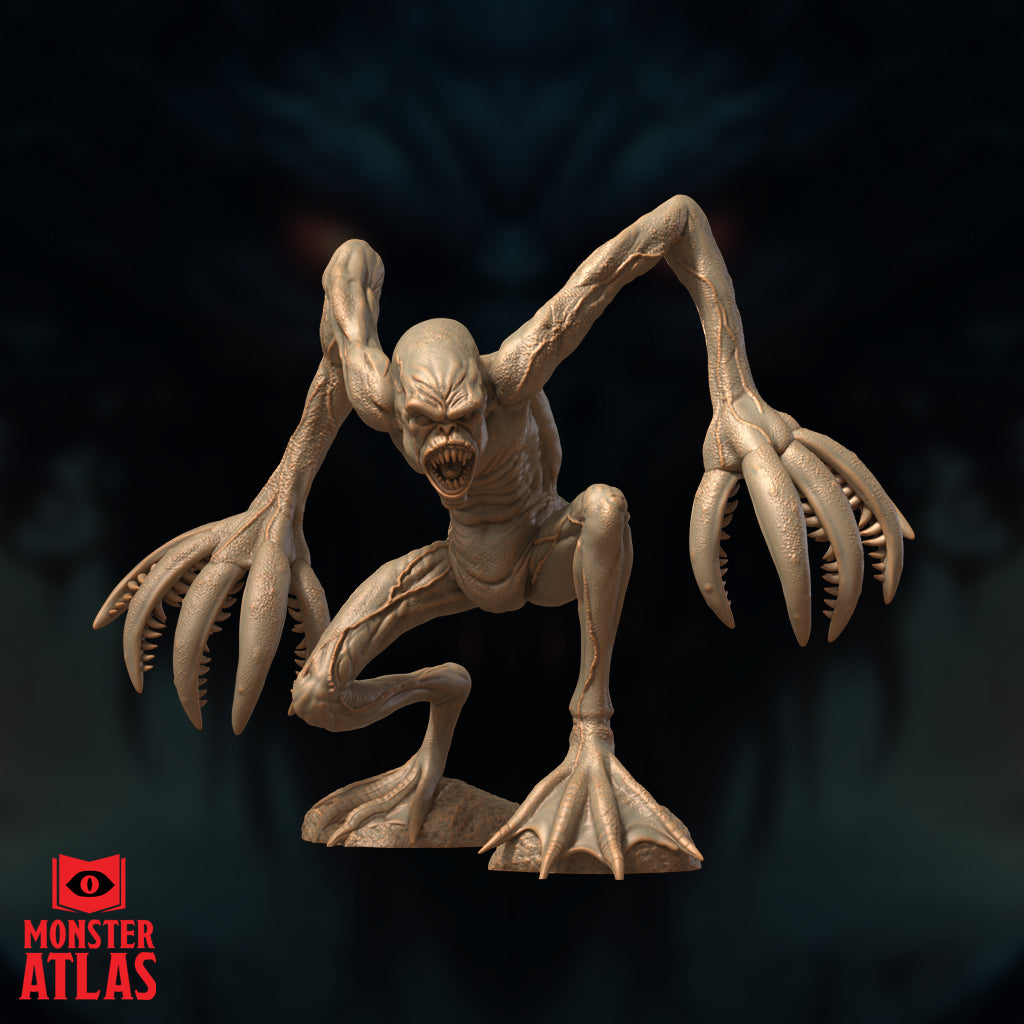 Choker miniature by Monster Atlas: wide-stance crouch with both long arms arched outward and upward, clawed hands spread, mouth agape, veined torso and webbed feet on separate scenic bases.