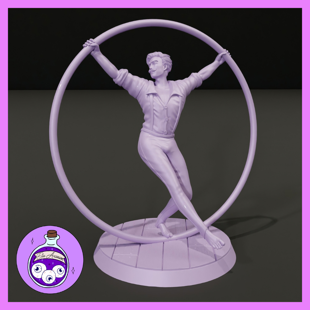 Male acrobat figure gripping a large circular hoop overhead, barefoot in a buttoned performance jacket, grinning, posed on a decorative tiled base. Sculpt by Ella's Arcanum Minis.