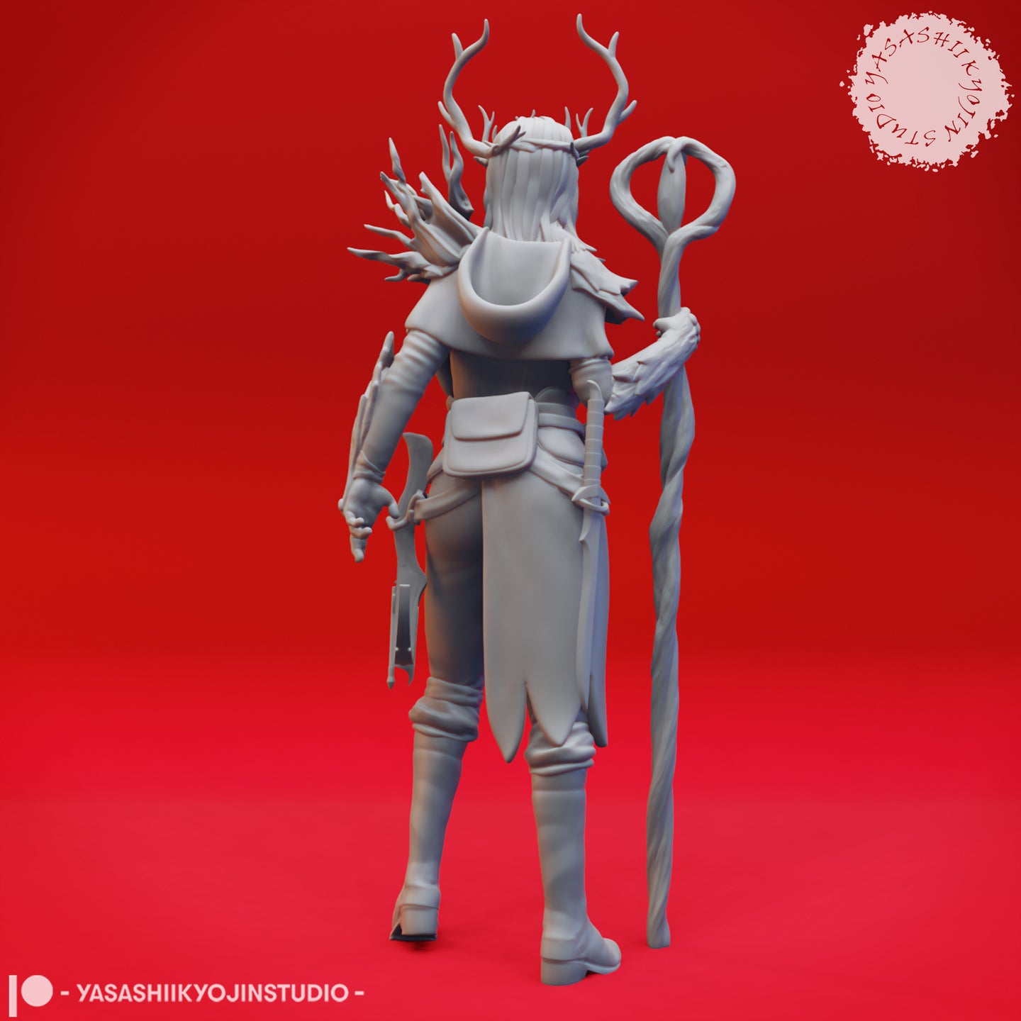 Rear view of the same unpainted grey resin druid miniature, revealing the full spread of her multi-branching antlered crown, a back-mounted quiver or sickle, small belt pouch, and the looped wooden staff held at her side — digital render on red background