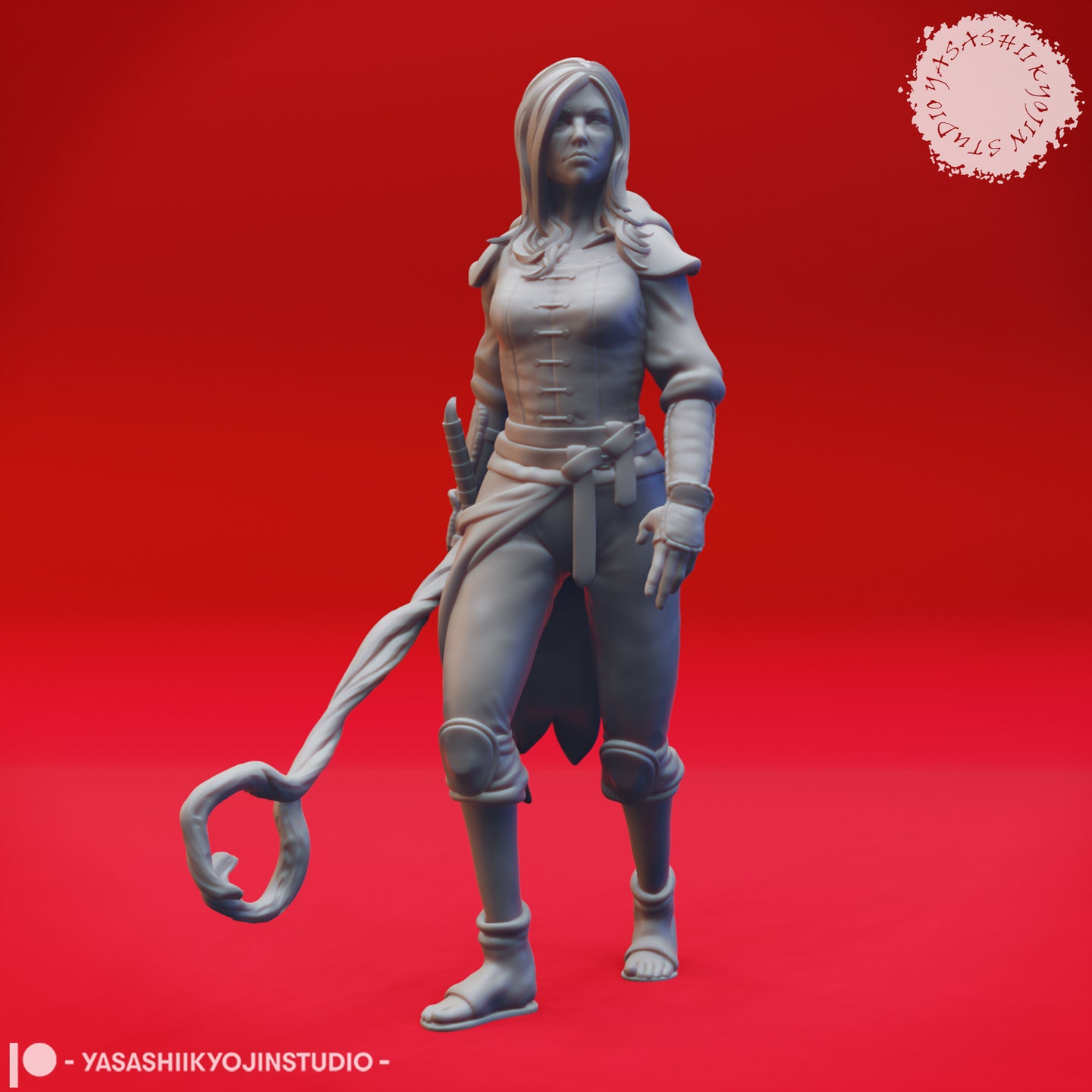 Front view of an unpainted grey resin digital render of a female druid miniature at 35mm scale, wearing layered travelling clothes, a quilted jacket and knotted sash, holding a twisted gnarled staff with a looping tip, a short blade tucked into her belt, sandalled feet, calm and watchful expression