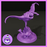 Unpainted lilac resin Cloaker miniature at 32mm scale, sculpted by Ella's Arcanum Minis — the creature is shown mid-lunge with body arched, wide-open toothed maw, dorsal spines, hooked mantle tip, whipping tail, and clawed feet on a rocky scenic base
