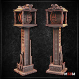 Steampunk clock tower terrain piece by Mia Kay M3DM. Tall column with riveted panels, coiled pipework, and gear-decorated base, topped by an ornate canopy framing a large gear-motif clock face.