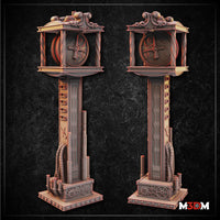 Steampunk clock tower terrain piece by Mia Kay M3DM. Tall column with riveted panels, coiled pipework, and gear-decorated base, topped by an ornate canopy framing a large gear-motif clock face.