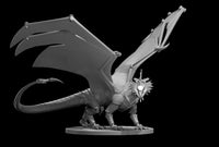 Digital render of the Clockwork Red Dragon miniature by MZ4250 — an unpainted grey resin construct dragon in a standing pose with wings spread wide, segmented iron armour plating across the body, structural ribbed wing frames, a spiked sun-burst crown of fins around a single glowing central eye, articulated taloned feet, and a long plated tail, mounted on a round base at 32mm scale