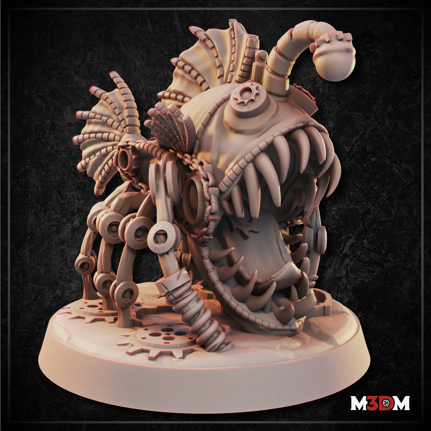 Clockwork Anglerfish Land Variant by Mia Kay M3DM — bulbous mechanical fish body on articulated chain-link legs, gaping jaw lined with long curved teeth, coiled pipe lure arching overhead, gear-strewn base.